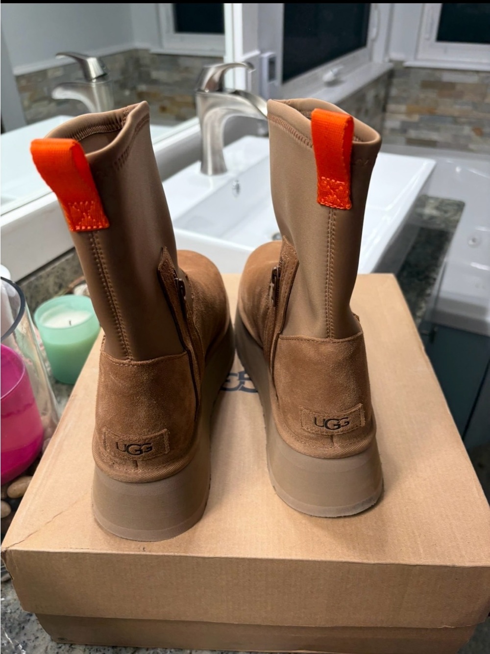 UGG Tan Suede & Neoprene Boots with Bright Orange Pull Tabs